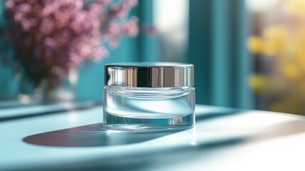 Clear glass cosmetic jar with silver lid placed on a bright surface surrounded by soft natural light