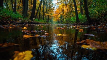 Obraz premium Autumn stream, forest path, golden leaves, calm water, nature background