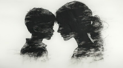 Mother, son, charcoal portrait, studio, tender moment, family, love, connection, grief, loss, white background