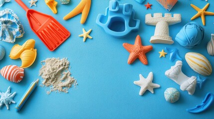 Colorful Beach Toys and Sand Tools on Vibrant Blue Surface for Playtime and Fun Activities at the Shore