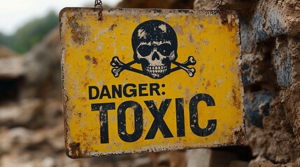 In hazardous chemical storage area aged yellow warning sign displays skull and crossbones bold text signaling danger due toxic materials.
