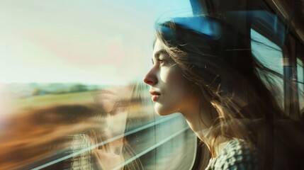 A young woman gazes out the train window, reflecting on change.