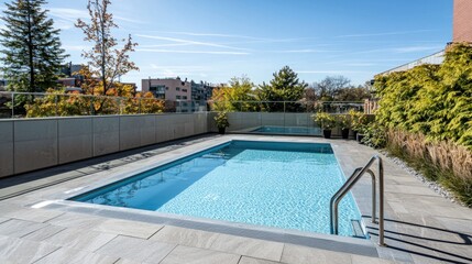 Modern Outdoor Pool on Rooftop with Clear Blue Water and Plants