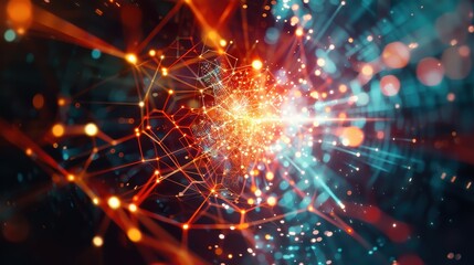 Vibrant Explosion Amidst Network Elements Representing Innovation and Cyber Threats