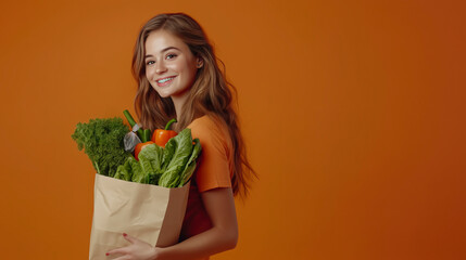 Woman Holding Fresh Vegetables Against Red Backdrop Smiling