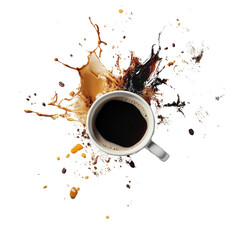Coffee splashing out of a white ceramic cup on wooden table with brown background on white background , cut out.