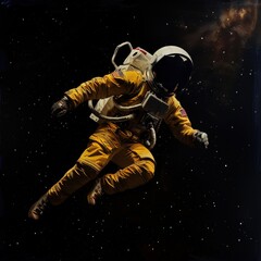 Fototapeta premium Astronaut in Yellow Spacesuit Explores Dark Space Environment