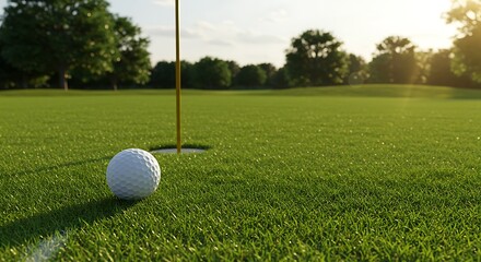 Obraz premium A close-up of a golf ball on lush green grass, near the hole. Perfect for illustrating golf, sports, recreation