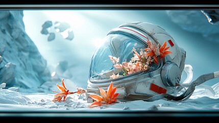 Abandoned Space Helmet Surrounded by Colorful Flowers in a Surreal Alien Landscape