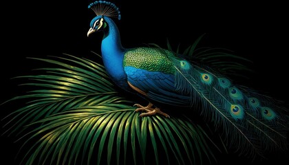 Fototapeta premium A vibrant peacock perched on lush green foliage against a dark background, showcasing its colorful feathers and majestic appearance.