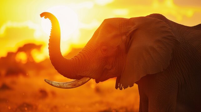 An Elephant Raising Its Trunk Against a Stunning Sunset Background