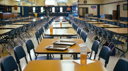 Empty school cafeteria with tables and trays of food in natural light