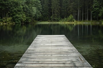 Tranquil wooden pier by serene forest lake, inviting nature lovers.