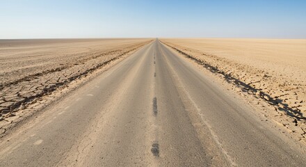 Driving Straight Road Across Arid Desert Landscape Under Clear Sky