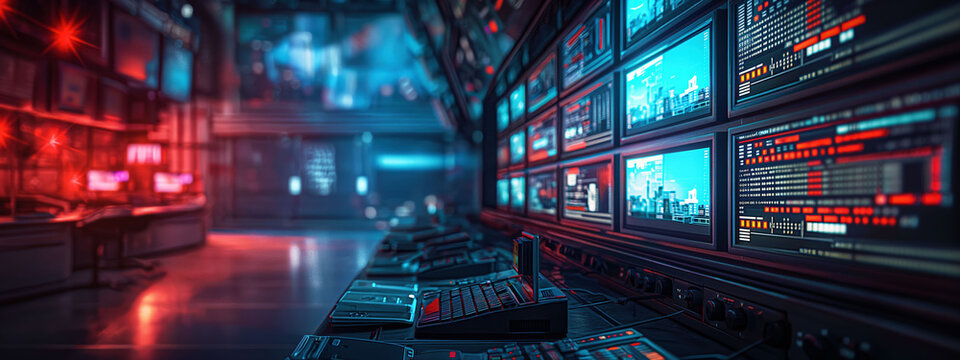 Dramatic modern news layout showcases digital broadcast setup with bold fonts and scrolling headlines