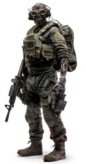 The Walking Dead: A chilling and ominous portrayal of a decaying zombie soldier, its flesh rotting away as it clutches a gun and stands ready to strike. This gruesome figure.