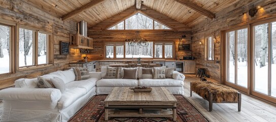 Cozy rustic living room with white sectional sofa, wooden coffee table, and large windows overlooking a snowy landscape.