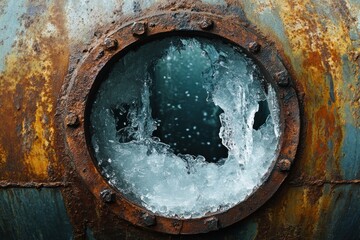 Frozen Viewport: A Rusty Vessel's Icy Gaze
