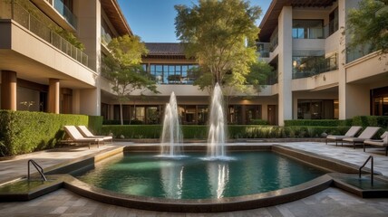 Obraz premium Calm Courtyard Pool and Fountain Scene