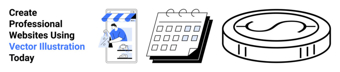 Mobile storefront template, calendar noting planning, and coin symbolizing financial gains. Ideal for design, finance, marketing, time management, planning, e-commerce flat landing page banner