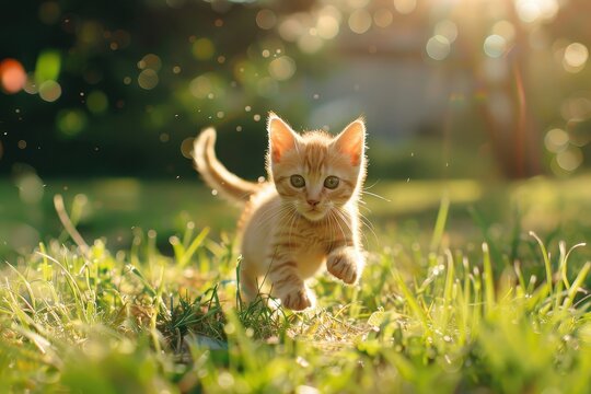 Playful orange kitten joyfully running on vibrant green grass