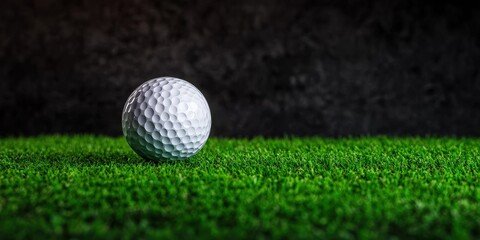 Obraz premium Golf ball resting on vibrant green turf against dark background sports photograph nature setting close-up view