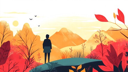 Woman admiring autumn mountain view at sunset