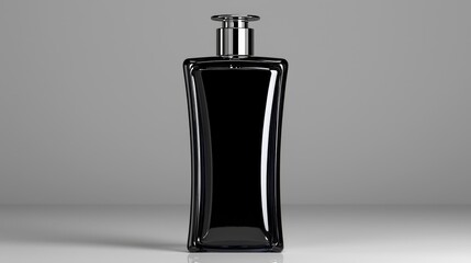 Black perfume bottle on grey background, studio shot