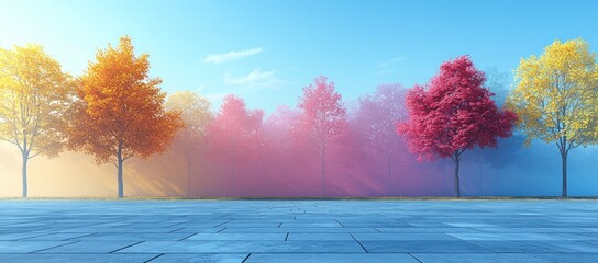 Colorful autumn trees on a misty morning, paving stone ground.
