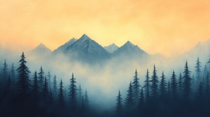 Obraz premium Misty mountain landscape at dawn with silhouettes of evergreen trees under a warm orange sky