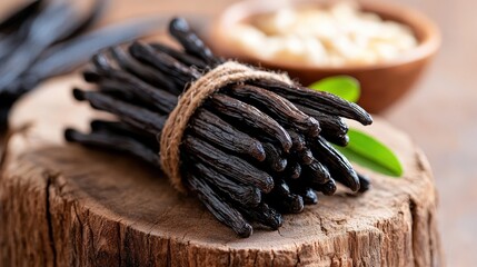 Harvesting aromatic vanilla beans on rustic wood culinary delight natural setting close-up view