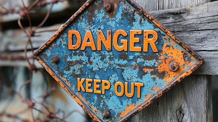 Rusty and scratched weathered metal sign reading Danger Keep Out is mounted on old wooden fence barbed wire reflecting sense of caution and history.