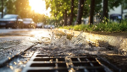 Sunset Rain Water Draining into a Storm Drain