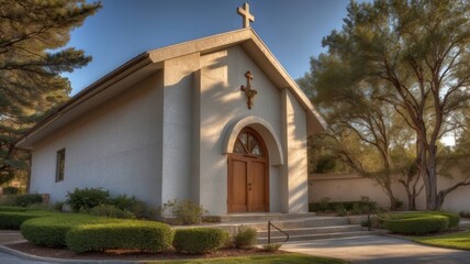Obraz premium Small Chapel Exterior, Peaceful Garden Setting