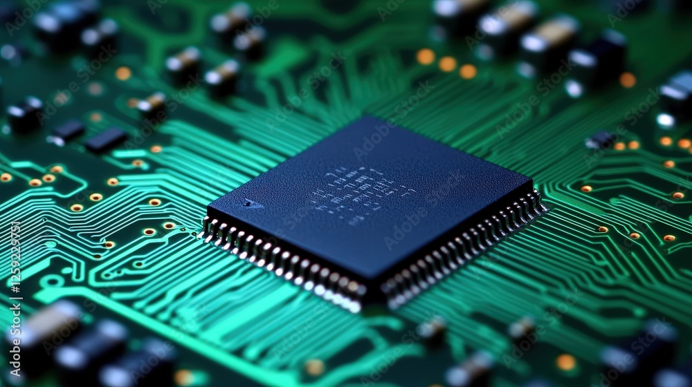 Poster detailed close-up of a microchip on a circuit board technology lab high-tech environment macro for i