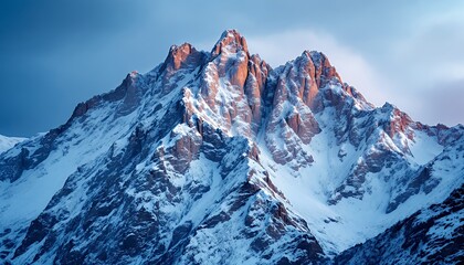 Snowy Mountain Peak at Sunset with Golden Light and Dramatic Sky