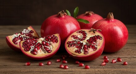 Fresh Pomegranate Still Life with Seeds on Rustic Wooden Table