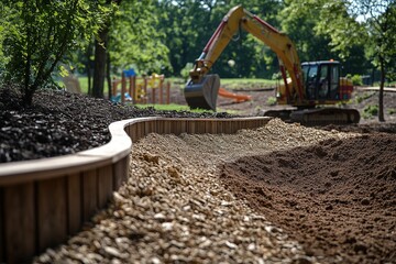 Obraz premium Excavator Loads Soil and Gravel for Playground Construction Outdoors