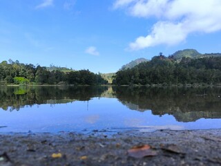 Natural view of two color lake of Telaga Warna in Wonosobo, Indonesia with reflections of trees and blue sky with clouds