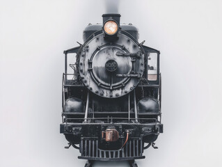 Front and side views of vintage steam locomotives, showcasing detailed metalwork, large headlights, and classic industrial design.