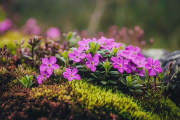 Obraz premium Purple flowers are growing on a moss covered ground in the dark