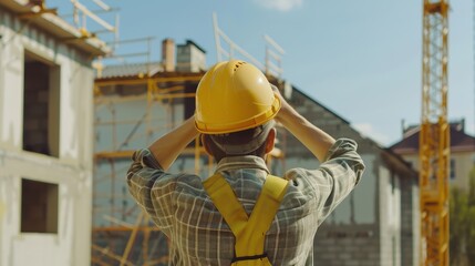 Builder in a Yellow Helmet Standing Before a Construction Site