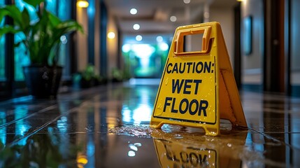 bright yellow caution wet floor sign stands prominently in glossy tiled hallway alerting passersby small puddle of water. shiny tiles reflect overhead lights enhancing visibility.