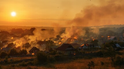 Burning Village at Sunset with Buildings Aflame in Golden Light