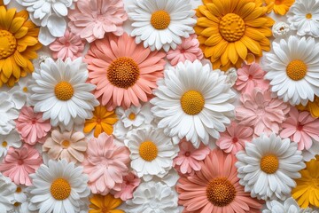 Obraz premium Paper Daisies Close Up: White Pink Yellow Floral Background