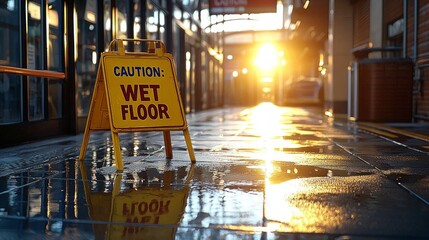 Bright yellow caution sign alerts people wet floor in glossy tiled hallway reflections capturing sunlight showcasing everyday safety measure in busy environment.