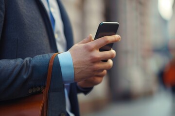 Businessman focused on smartphone with stylish leather case in urban setting.