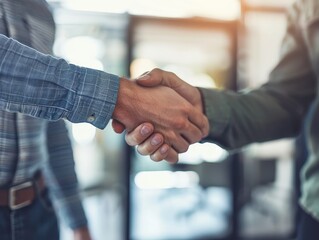 Businessmen shaking hands in an office setting, signifying agreement and collaboration.