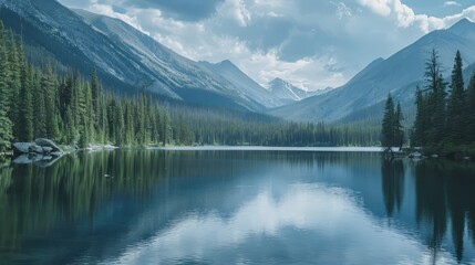 Serene Lake Reflecting Mountains and Lush Forest Surroundings
