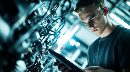 Young man in front of server rack. Caucasian man with a tablet on a table. Automation of room data storage servers. A young man stands in front of a lifestyle server cabinet.
